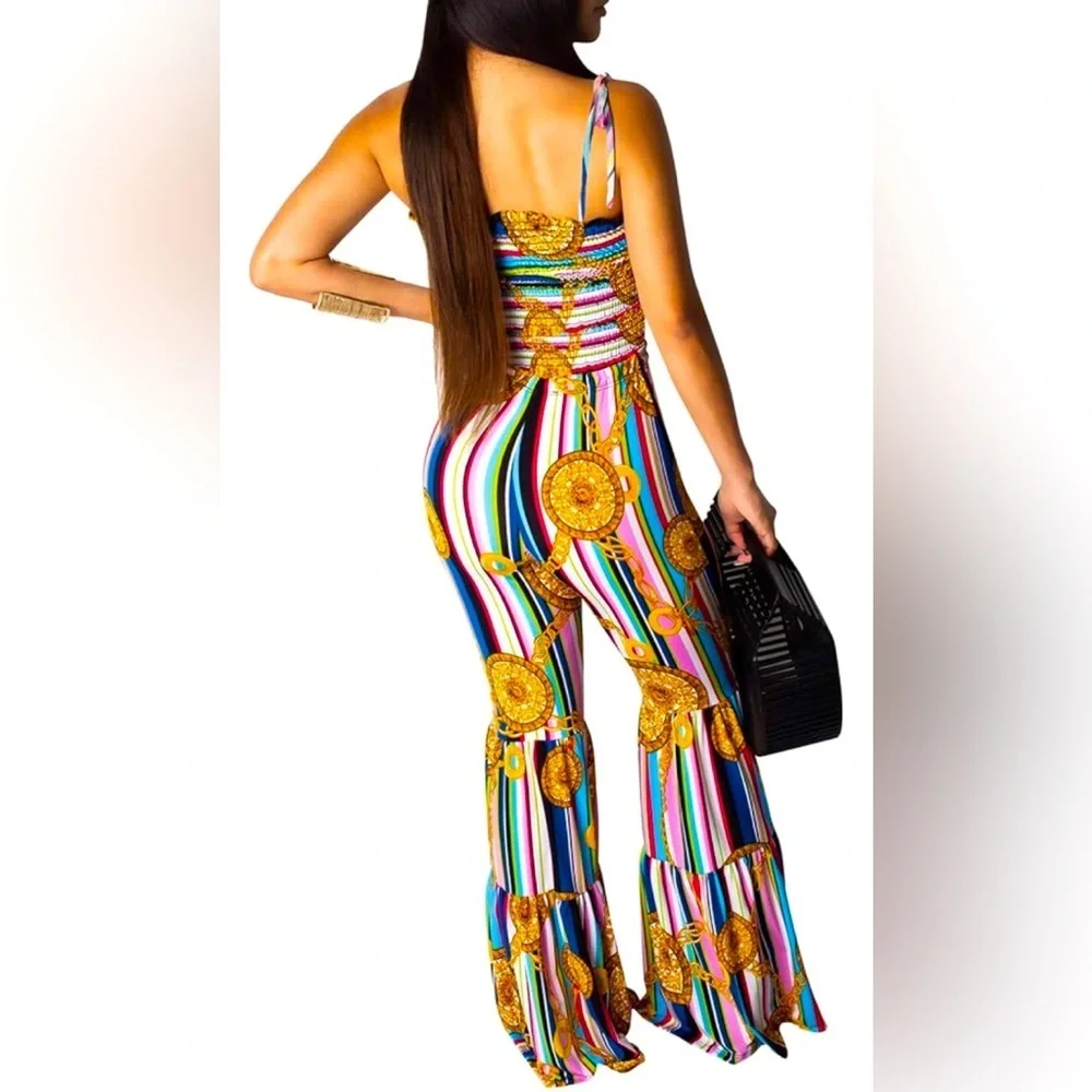Blue & Gold Striped Print Crop Top w/Shoulder Straps & Wide Leg Jumpsuit, EUC